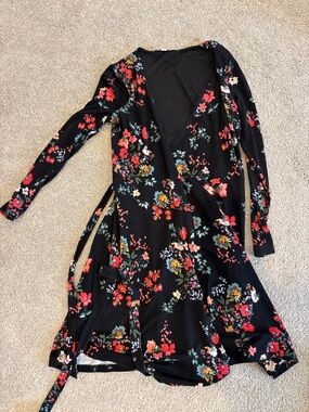 LOFT Black Floral Wrap Dress with Red and Yellow Blooms- XS